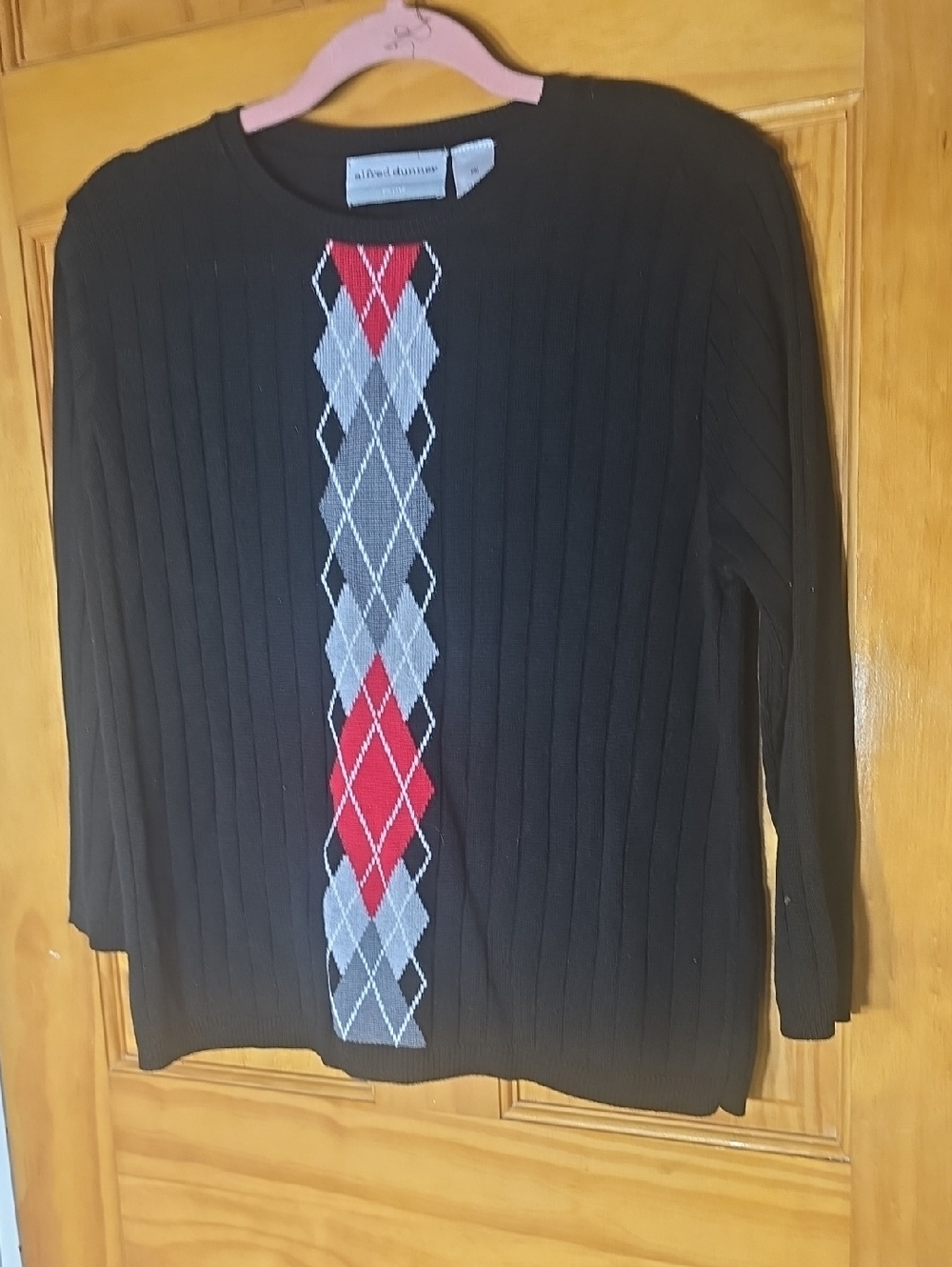 Alfred Dunner Black Crewneck Sweater with Red and Gray Argyle